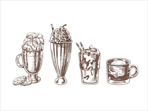 A hand-drawn sketch set of drinks. Coffee with whipped cream and cookies, milkshake with cream, ice cream,  affogato coffee with ice cream on a glass cup.