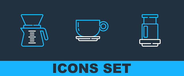 Set line Aeropress coffee Pour over maker and Coffee cup icon. Vector.