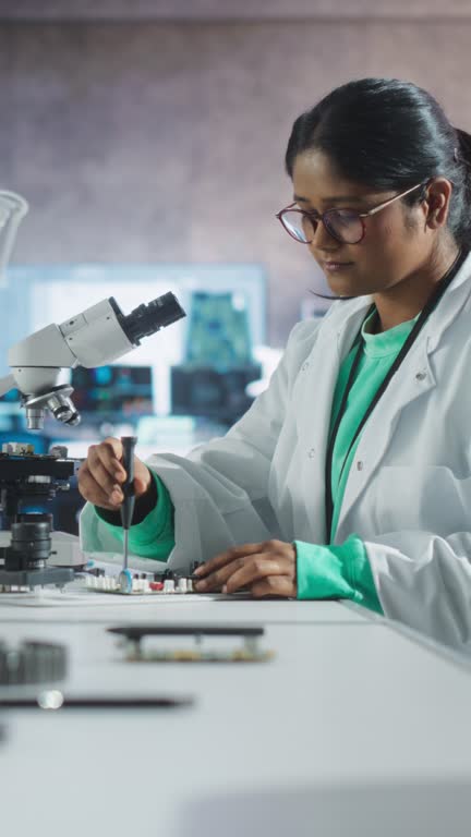 Vertical Screen: Young Indian Science Student Conducting Electronics Experiment in a University Workshop. Diverse Young Scholar Using Microscope, Working on Connecting a Circuit Board