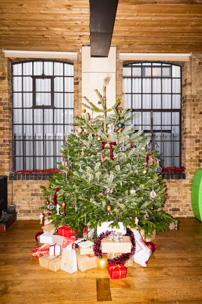 Full length view of Nordmann fir tree with wrapped gifts beneath. On-camera flash, retro-style photographic effect.