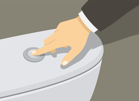 Businessman or manager hand pressing toilet bowl button and flushing the water. Close-up view. Flat vector illustration template.