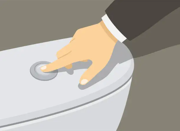 Vector illustration of Businessman or manager hand pressing toilet bowl button and flushing the water. Close-up view.