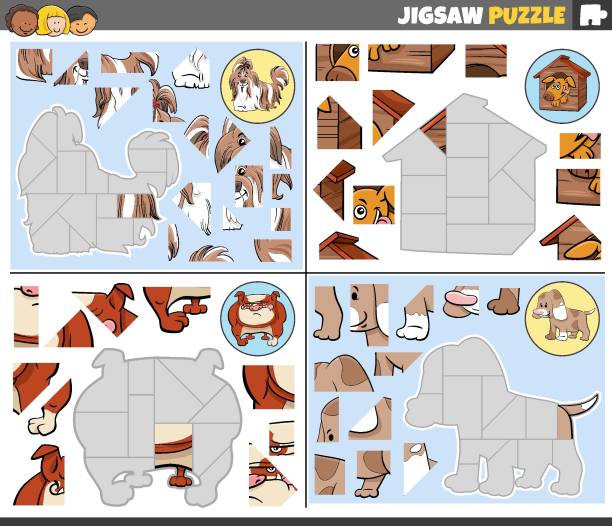 illustrazioni stock, clip art, cartoni animati e icone di tendenza di giochi di puzzle ambientati con divertenti personaggi dei cani dei cartoni animati - dog spotted purebred dog kennel