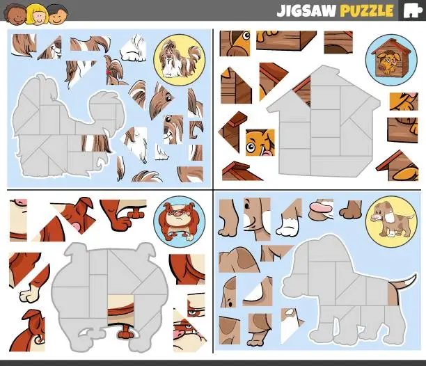 Vector illustration of jigsaw puzzle games set with funny cartoon dogs characters