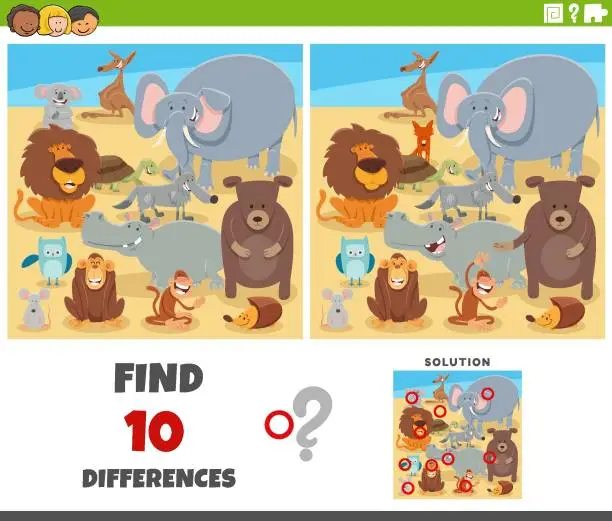 Vector illustration of differences game with cartoon animal characters group