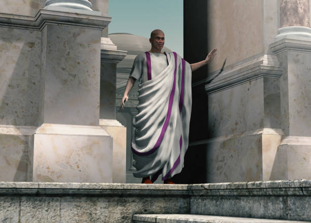 An ancient Roman man legs in caligae leather sandals, isolated on a white background. Reconstruction of the events of the Roman Empire