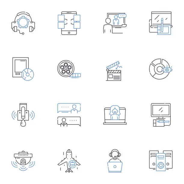 Vector illustration of Electronic devices line icons collection. Smartph, Tablet, Laptop, Desktop, Smartwatch, Headphs, Earbuds vector and linear illustration. Speaker,Television,Remote outline signs set