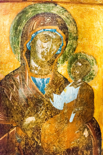 Monastery of St. Varlaam in Meteora, Greece - 18 September 2022: The Holy Virgin holding the Christ Child , early 17th century, tempera on wood