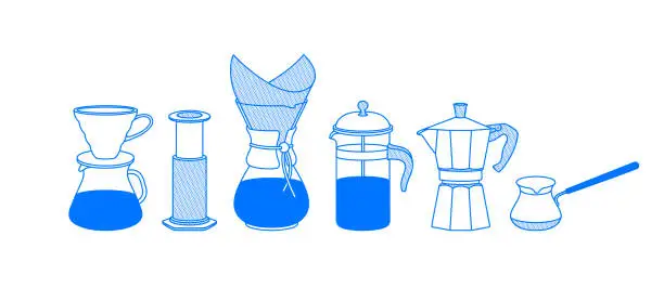 Vector illustration of Coffee brewing tool. Line art, retro.