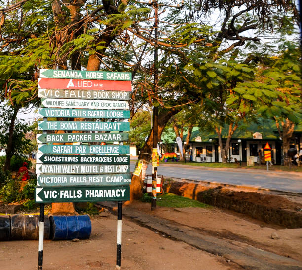 Street signs to various tourist attractions in Victoria Falls Town, Zimbabwe, Africa stock photo