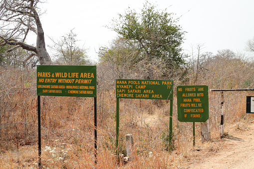 Signs for Mana Pools, Sapi, Chewore, Nyamepi and Urungwe. In particular, no fruits are allowed because they attract the wild elephants.