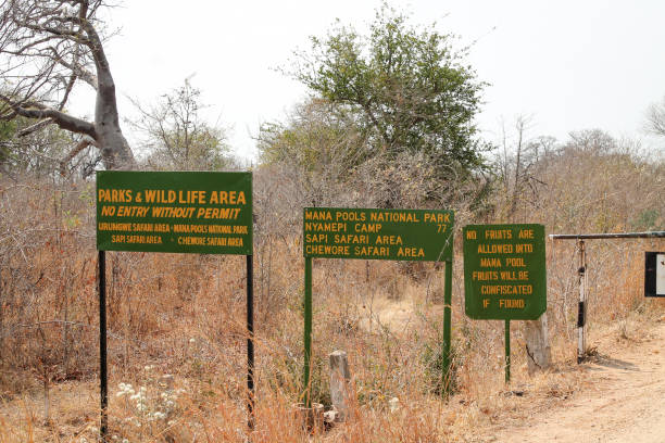 Road signs at the entrance of Mana Pools National Park, Zimbabwe, Africa stock photo