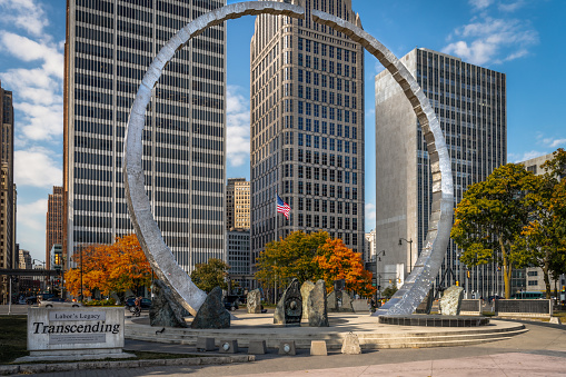 The two graceful, curving arcs would soon become the centerpiece of the Michigan Labor Legacy Landmark, rising from the green space in front of Hart Plaza