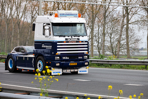 Retro trucks participate in a Retro Truck Tour through South Holland in the Netherlands