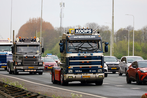 Retro trucks participate in a Retro Truck Tour through South Holland in the Netherlands