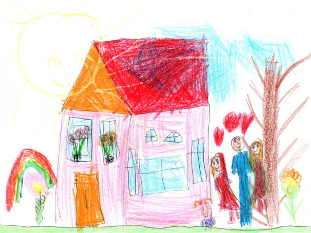 屋外散歩で幸せな家族の子供の絵。幼稚なスタイルの鉛筆アート - childs drawing child preschool crayon点のイラスト素材／クリップアート素材／マンガ素材／アイコン素材