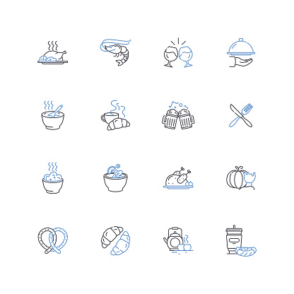 Dine-in joint outline icons collection. Ambience, Comfortable, Delectable, Eclectic, Exquisite, Flavorful, Fresh vector and illustration concept set. Gourmet,Homely linear signs and symbols