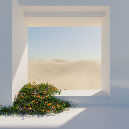 Abstract Pastel of nature, flowers leaves and tree plants with Podium stand platform. Surreal Desert natural landscape background. Scene of Desert with oasis land with minimal design. 3D Render.
