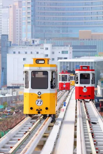 Colorful capsule train in Busan. Tourist attraction in South Korea.