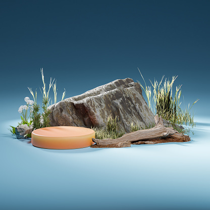 Minimal stone podium with warm pastel color for packaging, branding and cosmetic presentation, Product display with grass and natural sunshade. realistic rendering. 3d illustration.