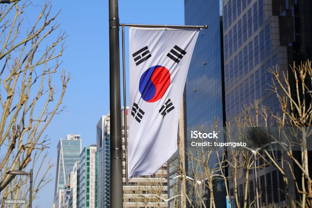 South Korean flag in Seoul South Korean flag at Teheren-ro street in Gangnam district of Seoul. South Korean Flag Stock Photo