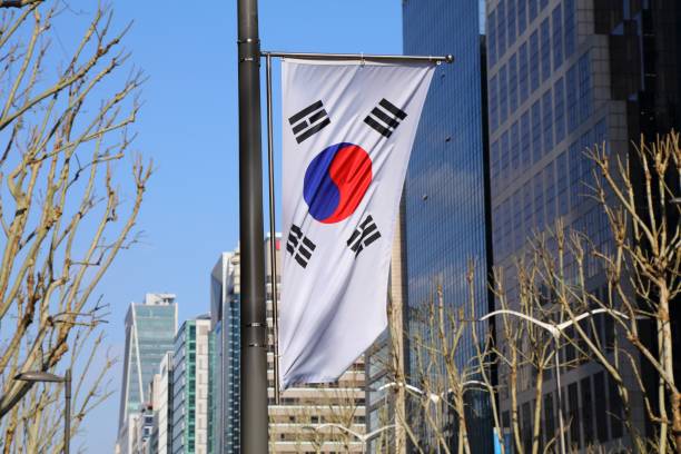 South Korean flag in Seoul stock photo