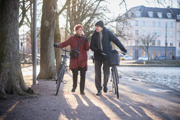 istock Senior couple walking with bikes along a park path in winter 1486055867