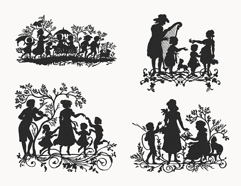 Children and family motifs as silhouettes. Wood engravings after paper cuts by Karl Hermann Fröhlich (German poet and silhouette cutter, 1821 - 1898), published ca. 1895.