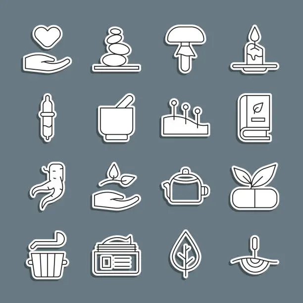 Vector illustration of Set line Acupuncture therapy, Medical pill with plant, book, Mushroom, Mortar and pestle, Pipette, Heart in hand and icon. Vector