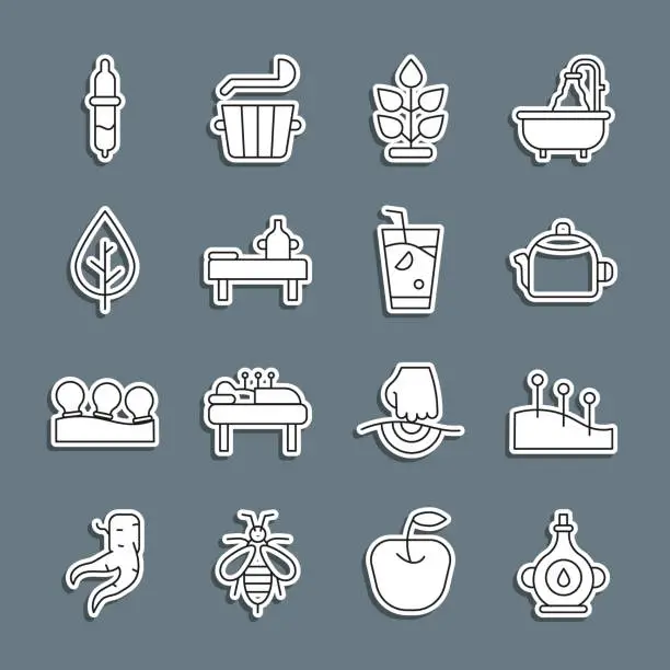 Vector illustration of Set line Oil bottle, Acupuncture therapy, Kettle with handle, Plant, Massage table oil, Leaf, Pipette and Fresh smoothie icon. Vector