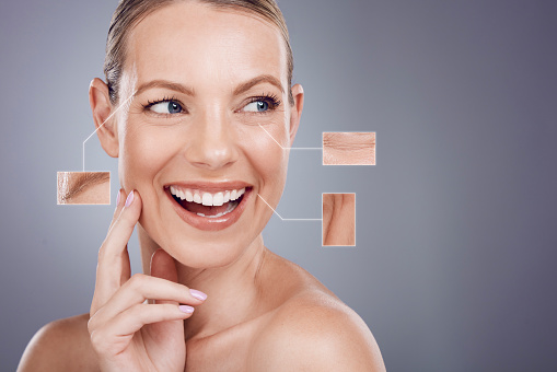 Woman, face and closeup of wrinkles, texture or anti aging facial treatment against a gray studio background. Female with smile for skincare zoom, icons or graphic in detail cosmetics or dermatology