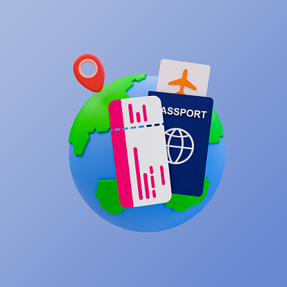 3d minimal Holiday travel trip. summer vacation trip. airplane ticket with a passport and a globe. 3d illustration. clipping path included.