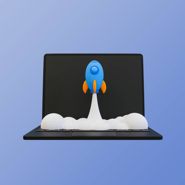 istock 3d minimal Rocket launch. business start-up concept. mission started. laptop with a rocket launching. 3d rendering illustration. 1486062848