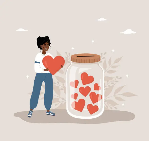 Vector illustration of Donation glass jar with red hearts. African woman throw heart in huge bottle for donate. Give and share your love. Support for poor people and children. Vector illustration in flat cartoon style