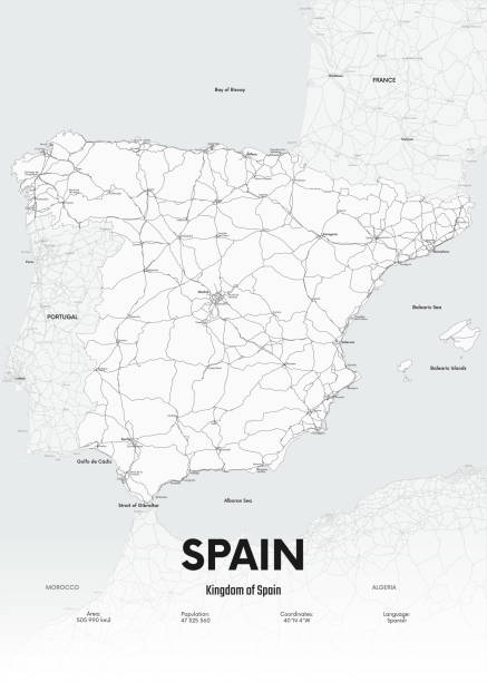 Road map of Spain with major cities, High detail vector poster of country highway plan Road map of Spain with major cities, High detail vector poster of country highway plan mapa stock illustrations