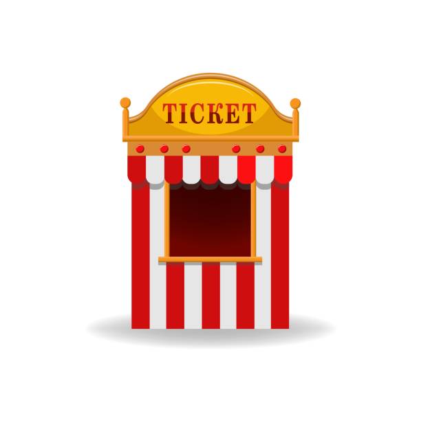 istock Cartoon carnival striped ticket booth kiosk isolated on white. Flat cinema, circus, theater, amusement park tent element with empty window. Entertainment and fun access purchase. Vector illustration 1486065502