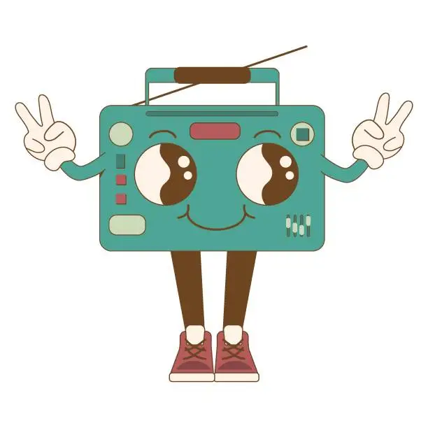 Vector illustration of Tape recorder retro mascot. Cute turntable in vintage style.