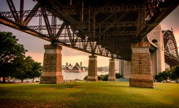 Photo of The sunset view of the Bradfield Park under the Sydney Harbour Bridge and Sydney Opera House across the river