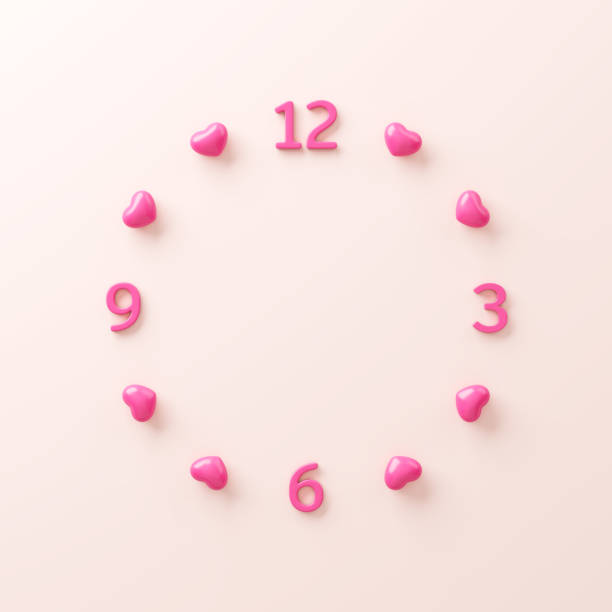 Clock and 3D pink heart. Circle clock face. Concept Dating time on important days is wedding anniversaries, Valentine's Day. Celebrate with couples, husbands and wives. Clipping path. 3D Illustration.