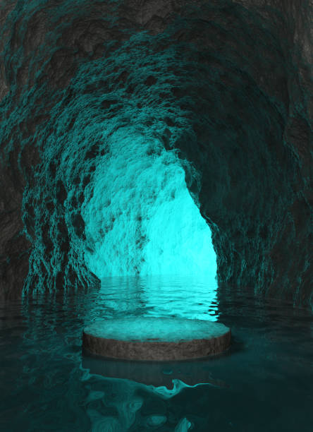 Black dark stone podium show products inside rugged rock cave nature tunnel winding on water surface. blue-green light shone through tunnel. Display pedestal mysterious or fantasy. 3D Illustration. el podio de piedra oscura negra muestra productos dentro de un túnel natural de cueva de roca escarpada que serpentea en la superficie del agua. la luz azul-verde brillaba a través del túnel. mostrar pedestal misterioso o fantasía. ilustración 3d.