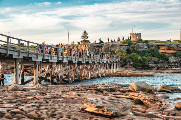 la scène de l’après-midi du pont de l’île nue et du 
tour de guet macquarie près de botany bay à sydney - sydney australia australia new south wales lookout tower photos et images de collection