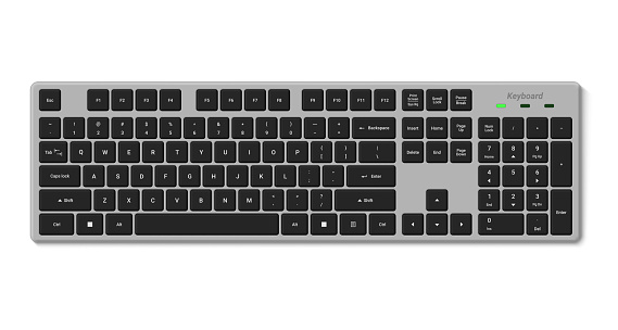 Gray keyboard with black buttons computer device technology for communication top view realistic vector illustration. Laptop keypad hardware with English letters alphabet modern desktop control board