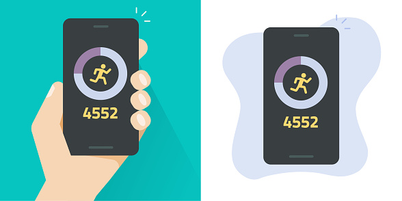 Steps counter mobile app vector icon, pedometer walk fitness tracker on cell phone screen graphic, person man hold cellphone smartphone sport training illustration clipart