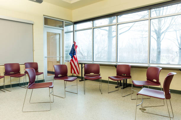 istock Empty meeting room on army post ready for veteran's group 1486074241