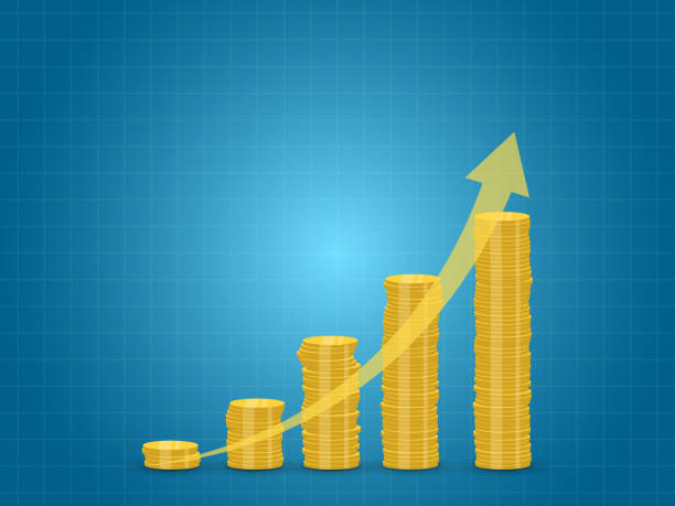 stos monet rosnących i strzały - koncepcja wzrostu pieniądza i inwestycji - stacking balance moving up recovery stock illustrations