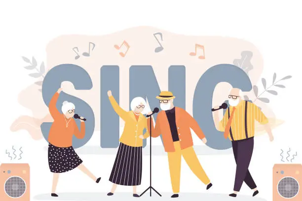 Vector illustration of Group of old people sing song and dancing. Grandmothers and grandfathers entertainment. Karaoke party. Happy active elderly friends uses mics. Retirement activities concept.