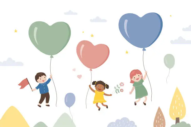 Vector illustration of Group of funny kids flies on inflatable heart balloons through sky. Invitation poster, template. Happy children travels. Adventure, upward movement, development. Valentine day, greeting card.