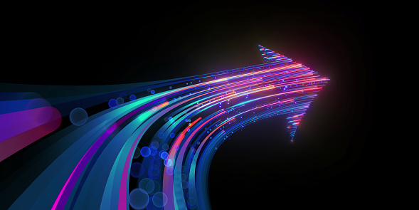 3d render, abstract neon arrow turns right. Speed and technology concept. Glowing pink blue lines and bokeh lights