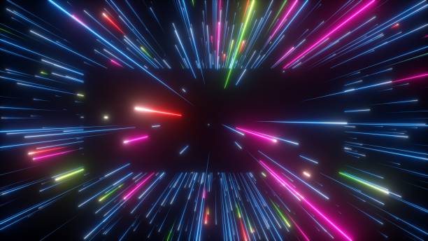 istock 3d render, abstract colorful background. Bright neon tracing path, star tracks and glowing lines. The square shape black hole and the meteor shower 1486077287