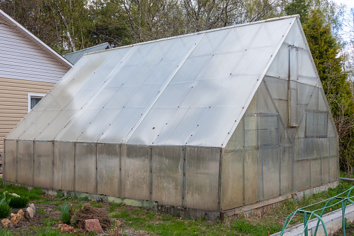 Covered greenhouse for growing plants in the summer cottage. Rural, garden, cottage.